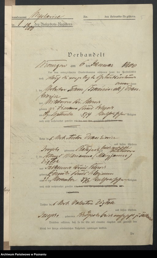 image.from.unit.number "Acta des Königlichen Standesamts Wyslawice Kreis Schroda betreffend die Aufgebotsverhandlungen pro 1900"