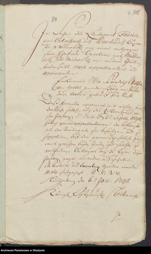 image.from.unit.number "In S. [Sachen] der Friderique Caroline Henriette geschiedene von der Oelsnitz geborene Müller wegen des in Subhastatione voluntaria erkauften Adelichen Guts Kirsteinsdorff [Kiersztanowo] H.[Haupt] Amts Osterode [Ostróda]"