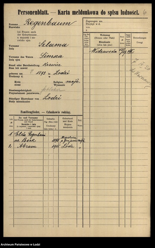 Obraz 8 z jednostki "[Spis ludności Łodzi] Regenbaum-Rentel"
