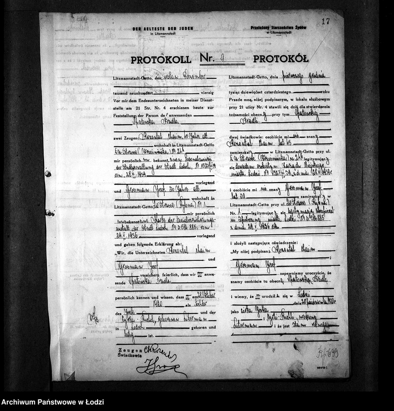 Obraz 20 z jednostki "[Protokoły stwierdzające na podstawie zeznań 2 świadków personalia i tożsamość osób ubiegających się o kartę tożsamości]"