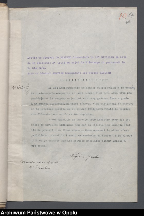 Obraz 19 z jednostki "Recrutement-Effectifs-Renforts-Situations /Korespondencja dotycząca uzupełnień, demobilizacja, wzmocnienie stanów liczebnych oddziałów/ 3.09.1920"