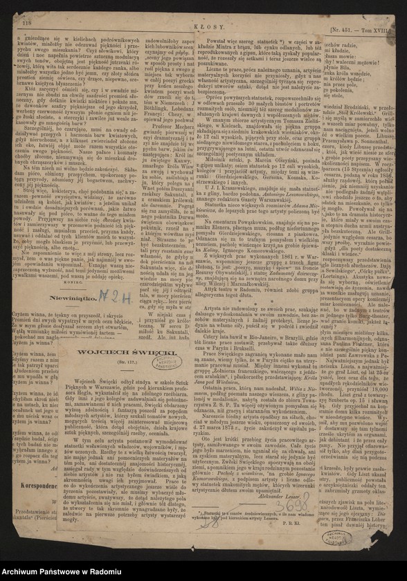 image.from.unit.number "Litografia z gazety "Kłosy" poświęcona Wojciechowi Święckiemu, rzeźbiarzowi, autorowi m in. rzeźb na budynku Resursy Radomskiej.Portret artysty w otoczeniu narzędzi, muz i budowli z wypisanymi dziełami. Rys. Józef Szermentowski"