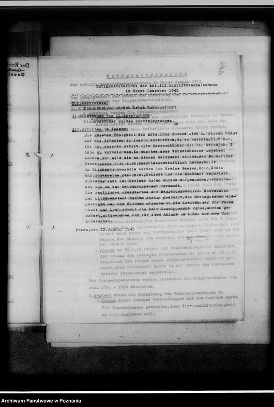 Obraz 9 z jednostki "[Sprawozdanie z podróży służbowej pracowników Gausippenamt w Poznaniu dotyczące zajętych ksiąg kościelnych, archiwów kościelnych oraz działalności powiatowych urzędów do spraw genealogicznych i Urzędu do Spraw Genealogicznych w Poznaniu]"