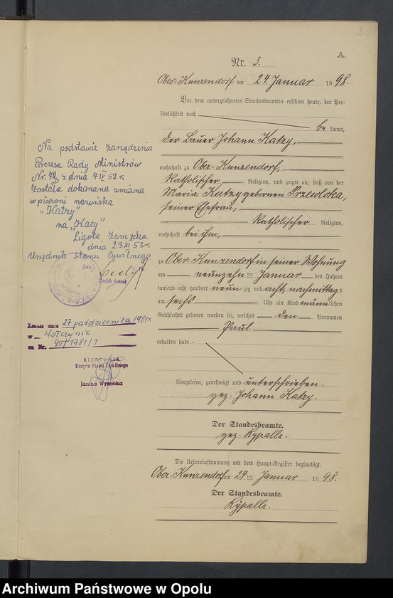 Obraz 7 z jednostki "Geburts-Neben-Register Standesamts Kunzendorf pro 1898"