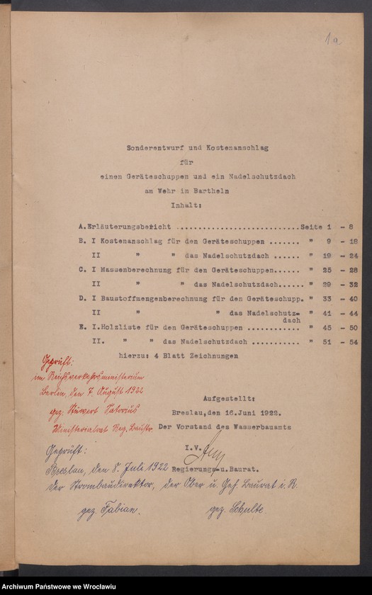 Obraz 2 z jednostki "Sonderentwurf und Kostenanschlag für einen Gerätenschuppen und ein Nadelschutzdach am Wehr in Bartheln"