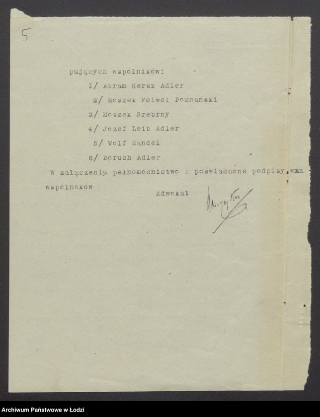 Obraz 7 z jednostki ""Union Pabjanicki"- Józef Leib Adler, Boruch Adler, Szlama Urbach, Abram Hersz Adler, Moszek Feiwel Poznański, Wolf Mendel- prowadzenie przedsiębiorstwa komisowo-ekspedycyjnego"
