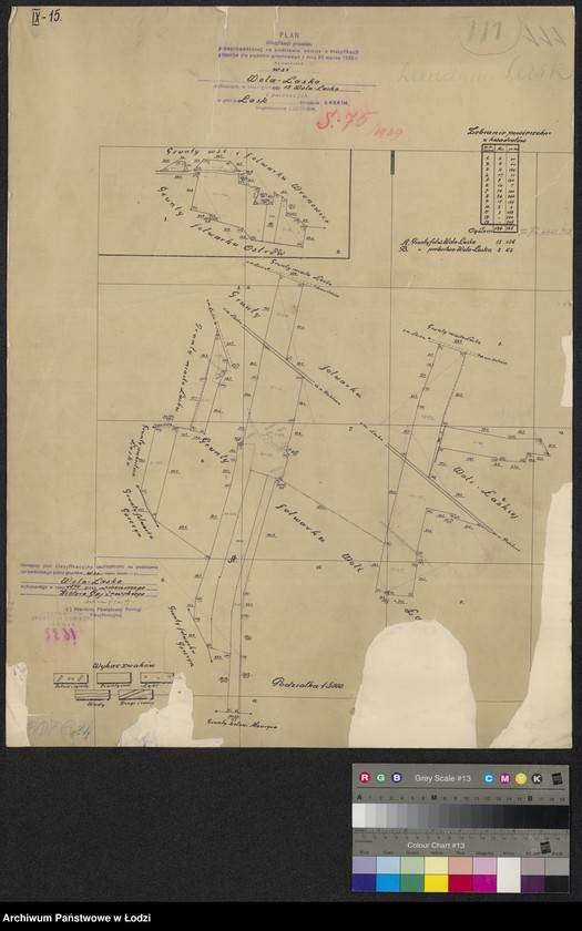 Obraz 1 z jednostki "Plan klasyfikacji gruntów przeprowadzonej na podstawie ustawy o klasyfikacji gruntów dla podatku gruntowego z dnia 26 III 1935 na obszarze wsi Wola Łaska wchodzącej w skład gromady 15 Wola Łaska i położonych w gminie Łask, powiecie łaskim"