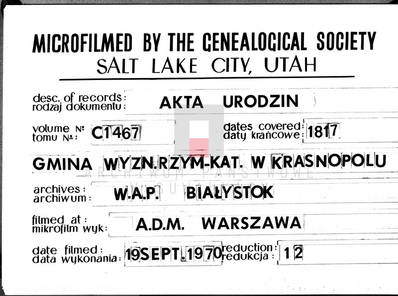 image.from.unit.number "Akta Cywilne Urodzonych Gminy Krasnopolskiey Pttu Seyneńskiego Województwa Augstowskiego Roku 1817."