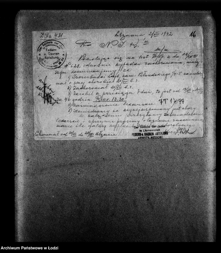 Obraz 16 z jednostki "Federn-und Daunen Abteilung [Zasiłki chorobowe dla pracowników wydziału, zaświadczenia lekarskie, listy pracowników]"