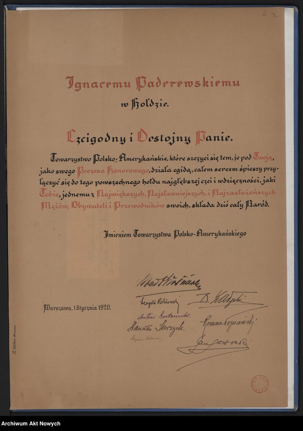 image.from.unit.number "Swemu honorowemu Prezesowi I. J. Paderewskiemu - Zarząd Towarzystwa Polsko-Amerykańskiego. Adres hołdowniczy"