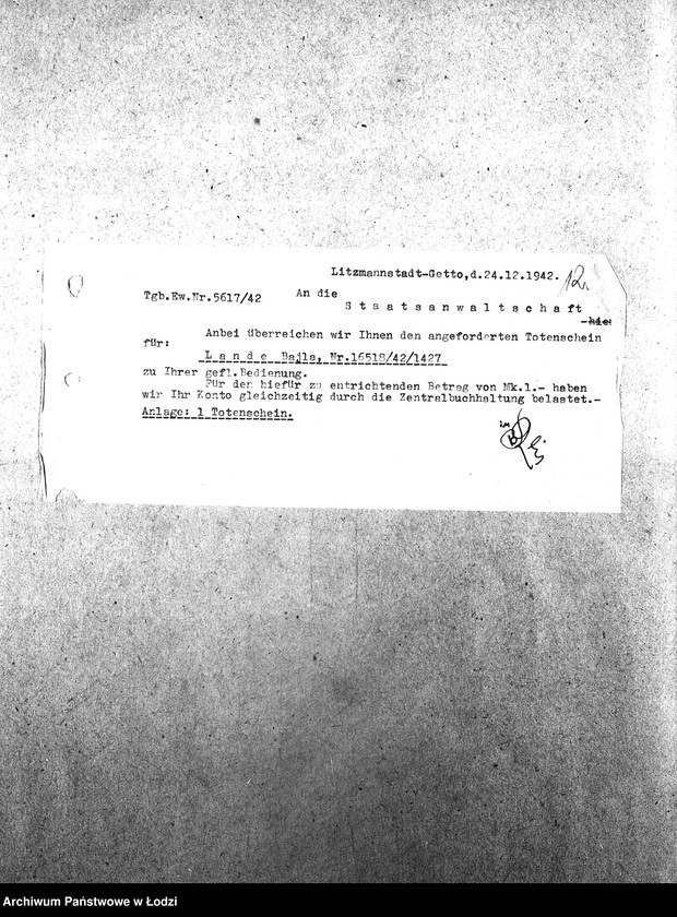 Obraz 15 z jednostki "[Korespondencja wychodząca i przychodząca z wydziałami getta, z niemieckimi urzędami i innymi gettami żydowskimi. Sprawy personalne, meldunkowe mieszkańców getta. Sprawy wewnętrzne Wydziałów Ewidencji]"