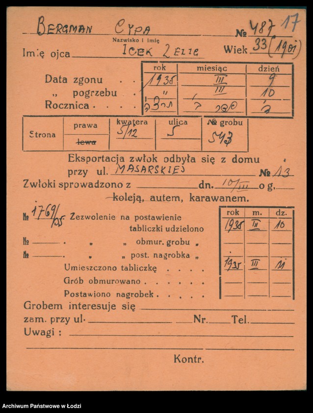 Obraz 18 z jednostki "Kartoteka osób pochowanych na cmentarzu żydowskim przy ulicy Brackiej w latach 1892-1955. Nazwiska na litery: Bergm-Berz"