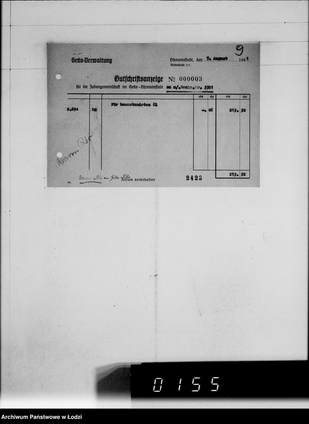Obraz 13 z jednostki "Gutschriftsanzeigen für die Judengemeinschaft im Getto Litzmannstadt Nr 000001"
