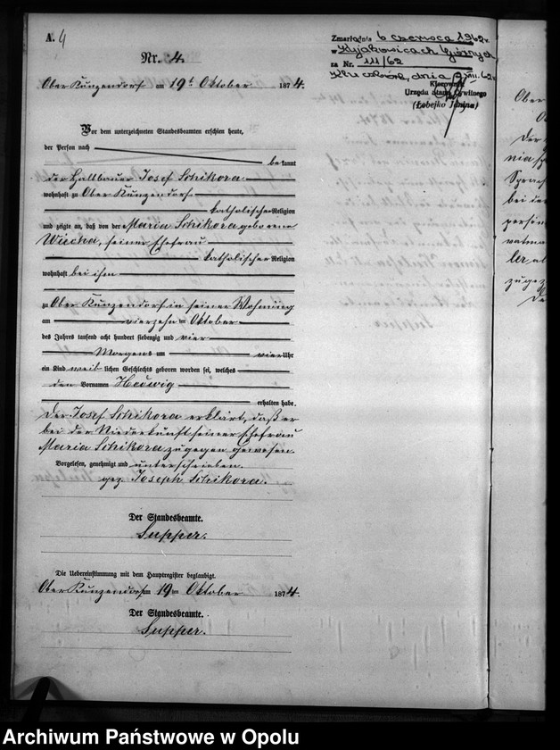 Obraz 7 z jednostki "Geburts-Neben-Register des Standesamtes Kunzendorf 1874"