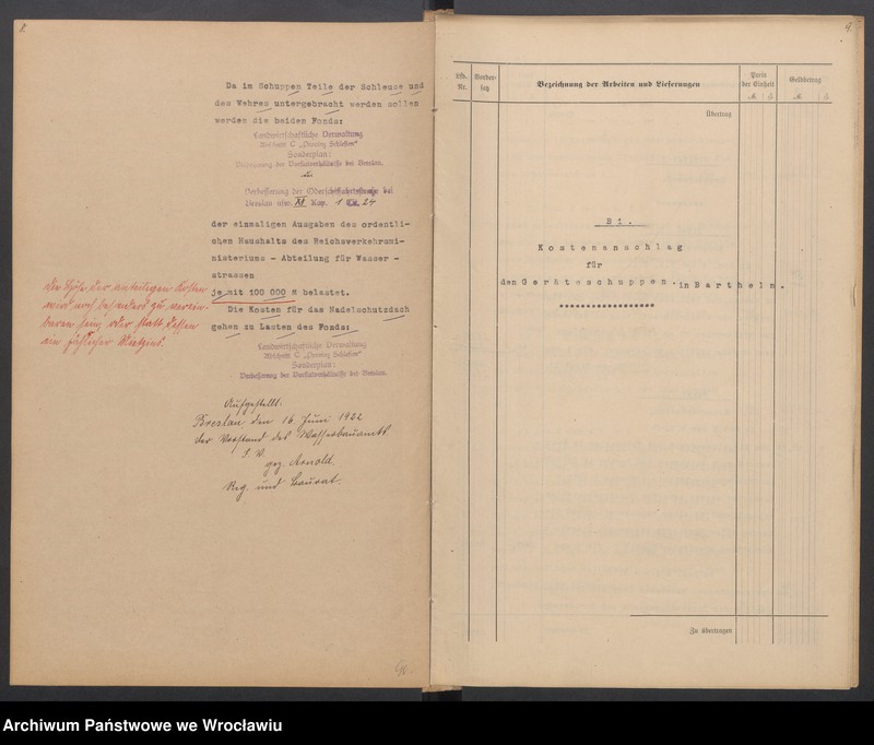 Obraz 7 z jednostki "Sonderentwurf und Kostenanschlag für einen Gerätenschuppen und ein Nadelschutzdach am Wehr in Bartheln"