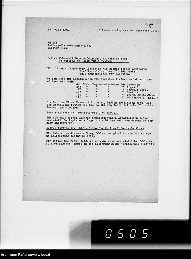 Obraz 19 z jednostki "Kriegsauftrag 5148-723-7-304843 Abzeichen f.Marine 15"