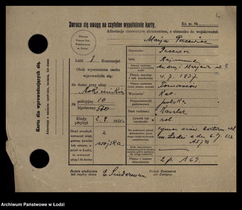 Obraz 6 z jednostki "[Spis ludności Łodzi] Pacholczyk-Pająkowski"
