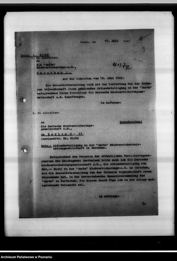 Obraz 11 z jednostki "Beteiligung an der "Warta" - Rückversicherung A.G."