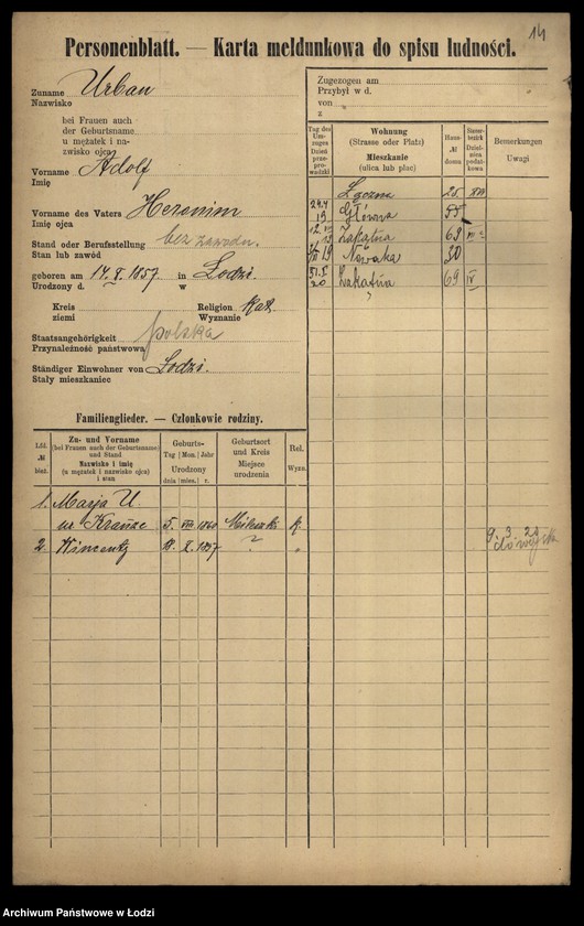 Obraz 16 z jednostki "[Spis ludności Łodzi] Urbach - Urbanowski"
