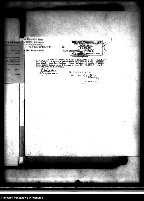 image.from.unit.number "Urząd Wojewódzki w Łodzi o przyznanie własności gruntów rozparcelowanych z majątku Czartowo-Czartówek powiatu konińskiego stanowiących własność Józefa i Izabeli Witkowskich"