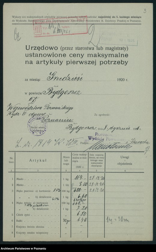 Obraz 5 z jednostki "[Wykazy urzędowo ustanowionych cen maksymalnych na artykuły pierwszej potrzeby na terenie Województwa Poznańskiego za miesiąc grudzień 1920 roku]"