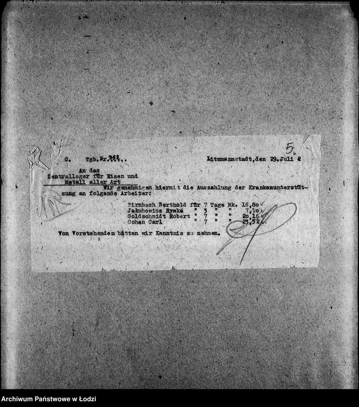 Obraz 8 z jednostki "Zentrallager für Eisen und Metall aller Arbeits-Ressorte [Zasiłki chorobowe dla pracowników wydziału, listy pracowników, zaświadczenia lekarskie]"