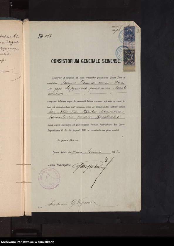 image.from.unit.number "Dokumenty k aktam o brakosočetavšichsja po R.Kat. Prichodu Bakalarževo za 1908 god"