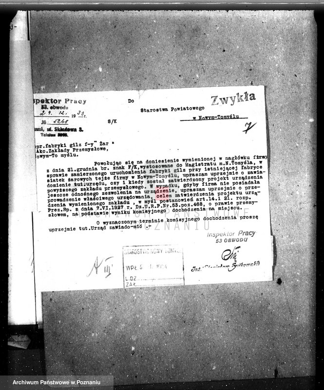 Obraz 11 z jednostki "Zatwierdzenie zakładu przemysłowego firmy "Żar" /fabryki tutek do papierosów/ w Nowym Tomyślu"