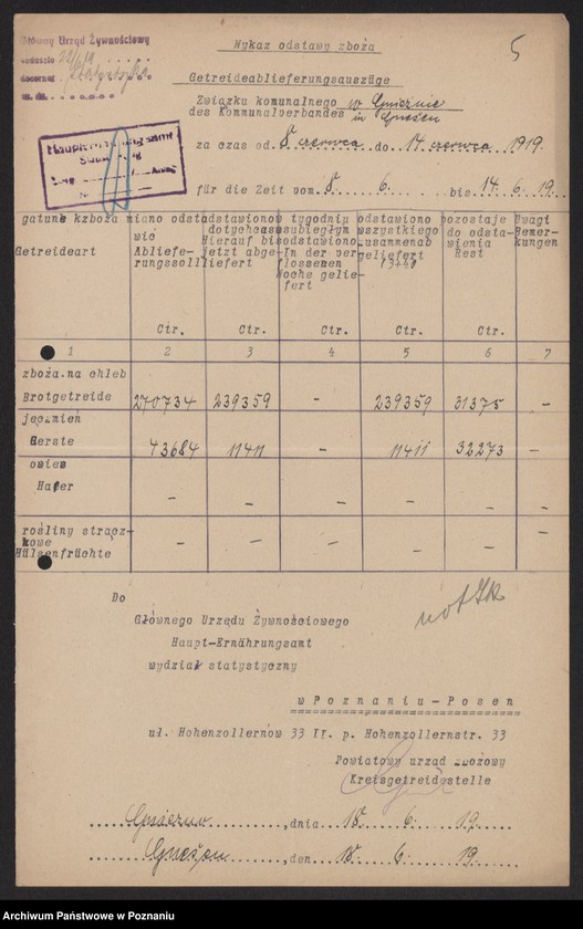 Obraz 7 z jednostki "[Wykazy odstawionego zboża przez Związek Komunalny w Gnieźnie]"