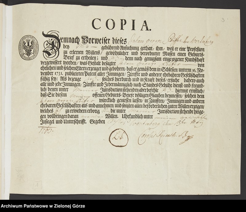 image.from.unit.number "Karol Reinoch, przełożony zakonu Jezuitów w Otyniu i administrator dóbr otyńskich wystawia Janowi Jerzemu Prüffer świadectwo prawego urodzenia"