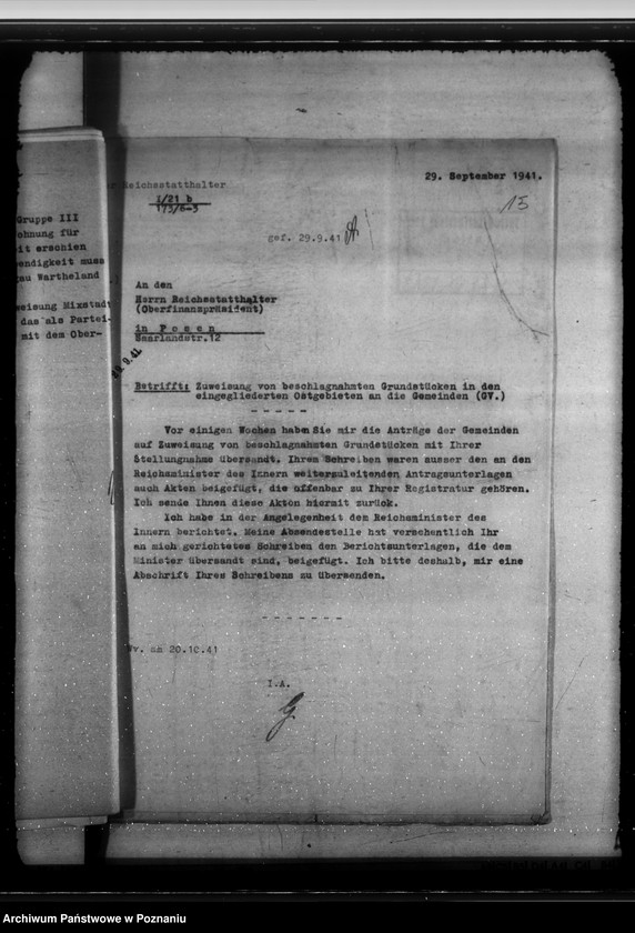 Obraz 20 z jednostki "Zuweisung der beschlagnahmten Grundstücke an diwe Gemeinden. Lehrlingsheim in der Ostgebieten"