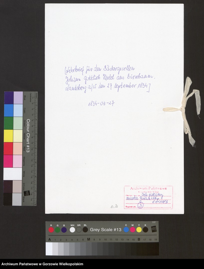 image.from.unit.number "[Lehrbrief für den Bäckergesellen Johann Gottlieb Hertel aus Birnbaum. Landsberg a/W den 27 September 1834]"