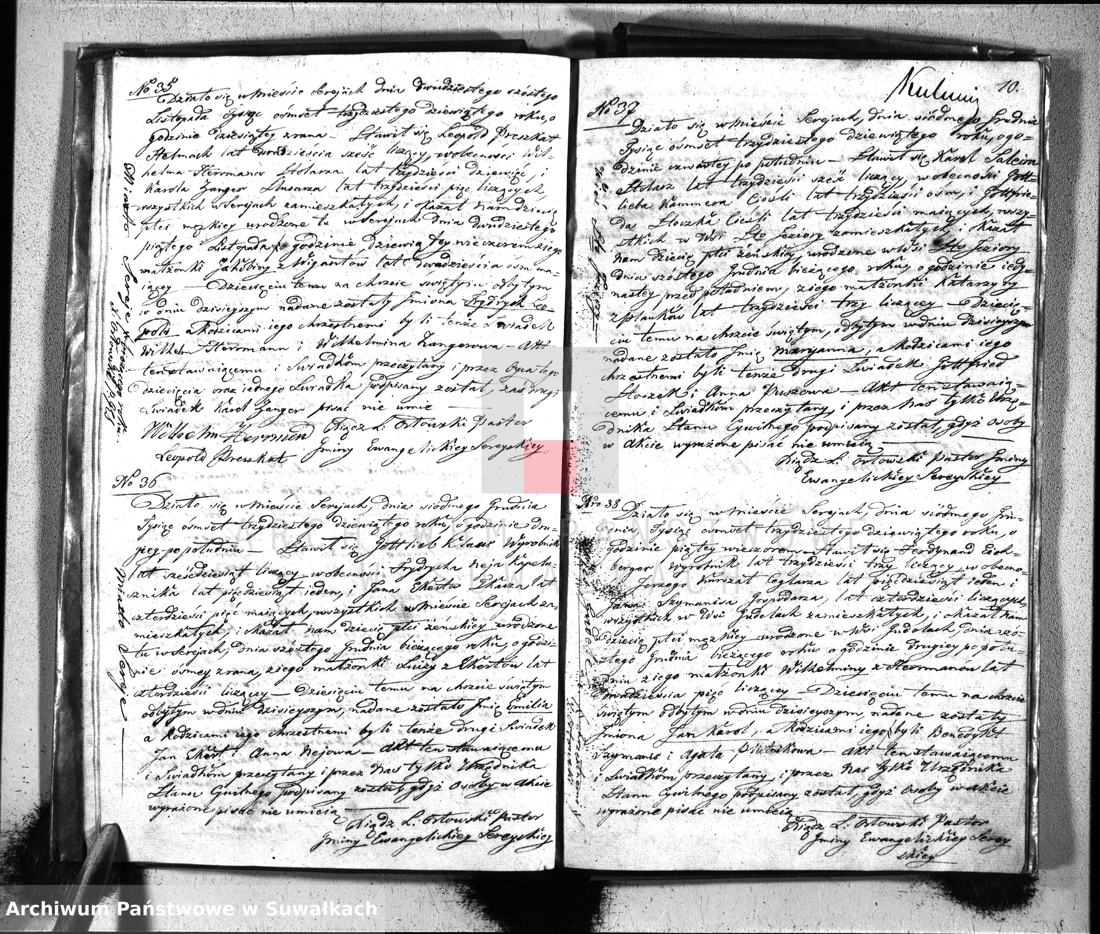 Skan z jednostki: Księga Duplikat do zapisywania Aktów Urodzenia, Zaślubienia i Zeyścia na Rok 1839 Dla Parafii Ewangelickiey Sereyskiey