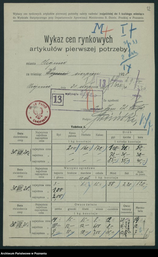 Obraz 13 z jednostki "[Wykaz cen rynkowych artykułów pierwszej potrzeby w poszczególnych miastach Województwa Pomorskiego za miesiąc sierpień 1920 roku]"
