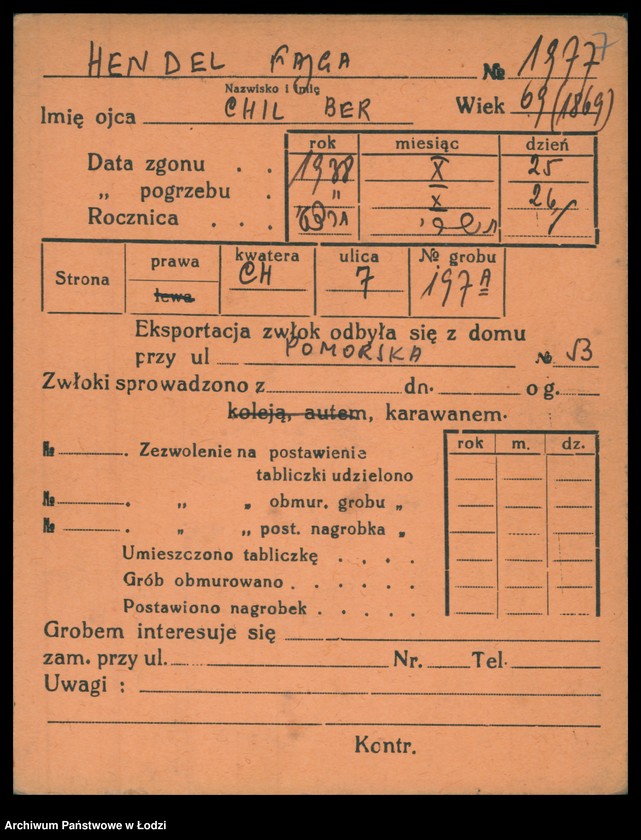 Obraz 8 z jednostki "Kartoteka osób pochowanych na cmentarzu żydowskim przy ulicy Brackiej w latach 1892-1955. Nazwiska na litery: Helmi-Hey"