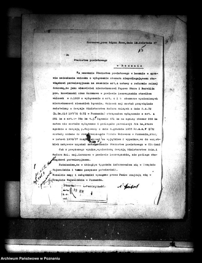 Obraz 19 z jednostki "Majątek Koronowo powiatu leszczyńskiego wyłączenie z art. 4/5 ustawy o reformie rolnej Franciszek Speichert"