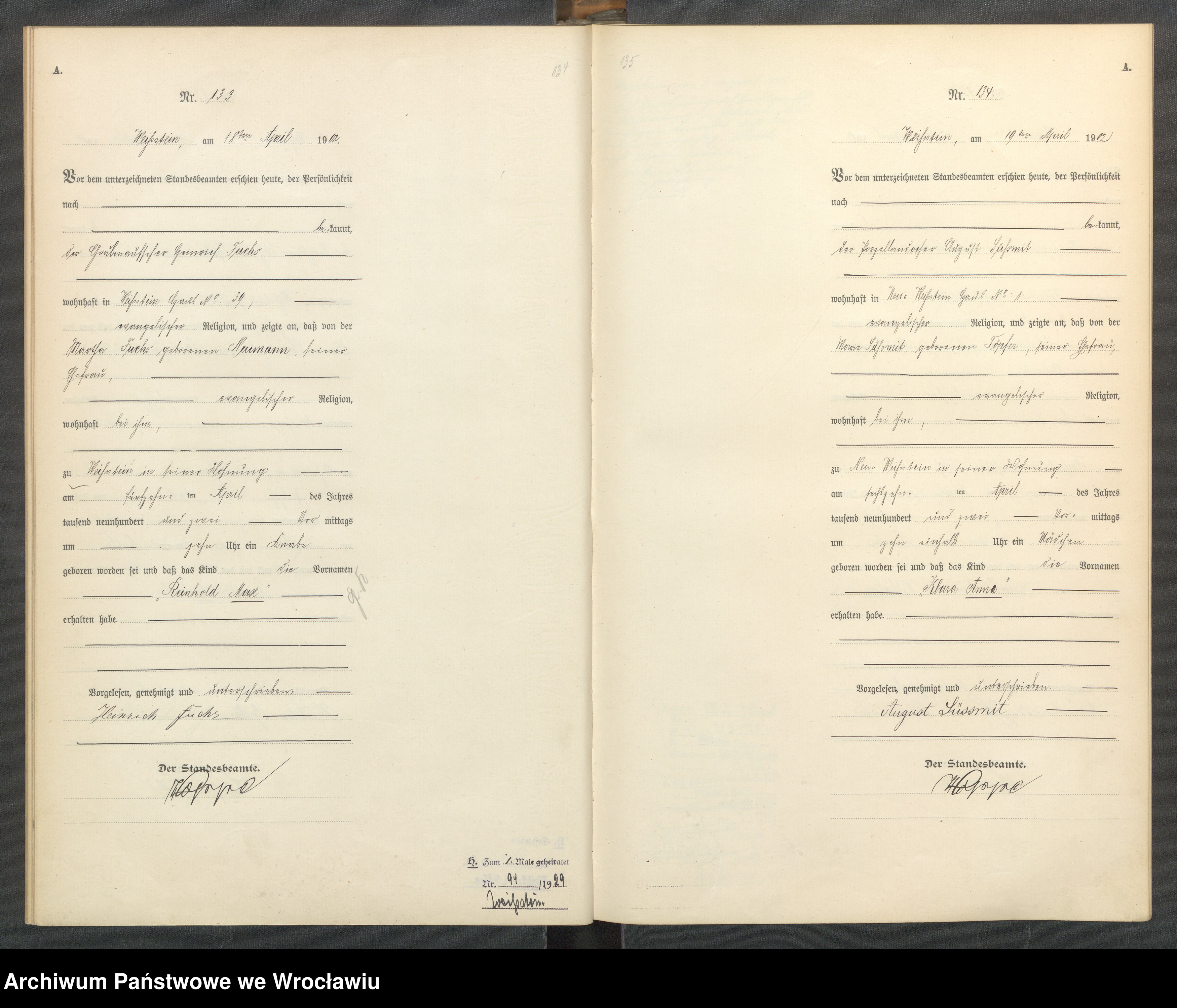 Skan z jednostki: Księga urodzeń USC Biały Kamień (Weissstein) 1902