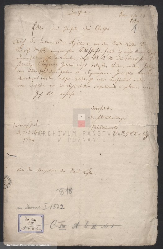 Obraz 2 z jednostki "Odpis odpowiedzi władz skarbowych w Warszawie udzielonej władzom miejskim Leszna w sprawie płacenia czopowego; język niemiecki"