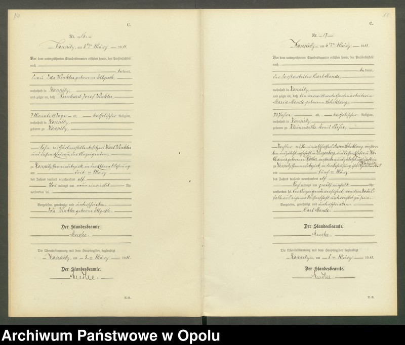 Obraz 11 z jednostki "Sterbe-Register (Neben-Register) Standesamt Koppitz 1911 No. 1 bis 72"