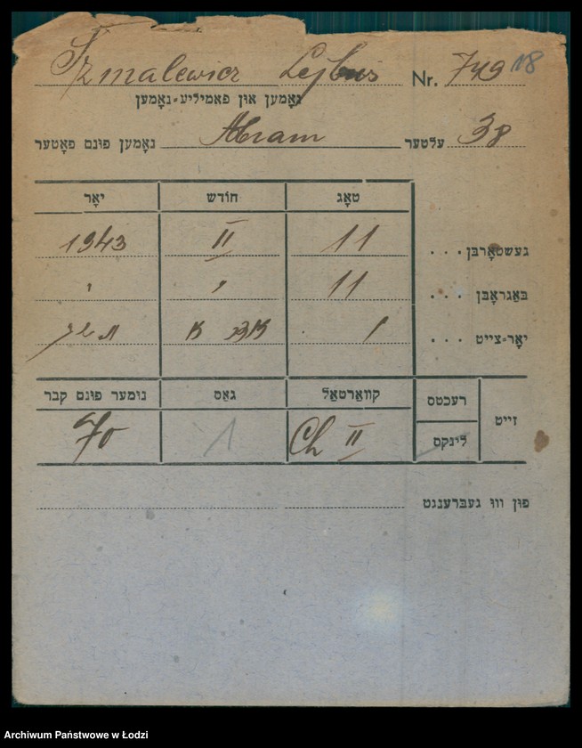 Obraz 19 z jednostki "Kartoteka osób pochowanych na cmentarzu żydowskim przy ulicy Brackiej w latach 1892-1957. Nazwiska na litery: Szn-Szt"