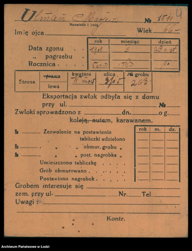 Obraz 5 z jednostki "Kartoteka osób pochowanych na cmentarzu żydowskim przy ulicy Brackiej w latach 1892-1944. Nazwiska na literę U"