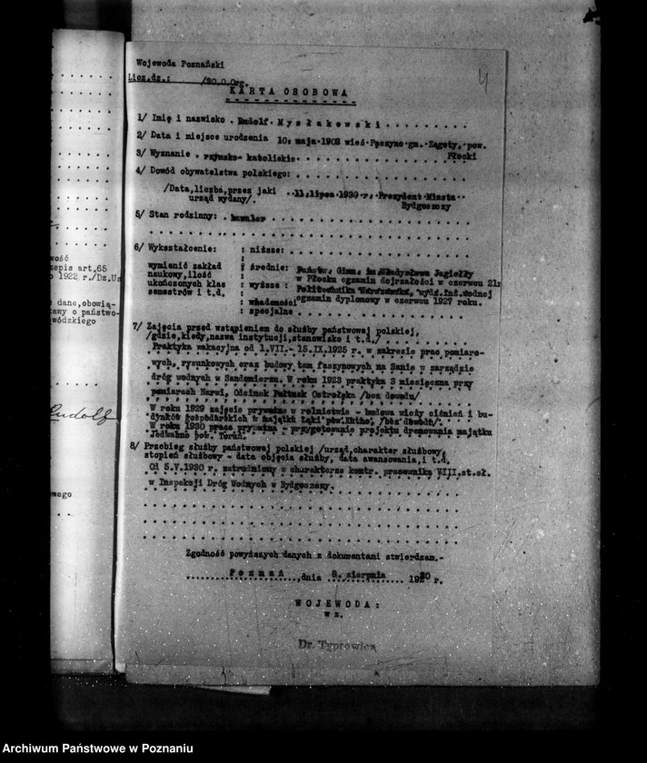 Obraz 8 z jednostki "Akta personalne inż.. Rudolf Mysłakowski /zatrudniony/ w Państwowej Inspekcji Dróg Wodnych Bydgoszcz"
