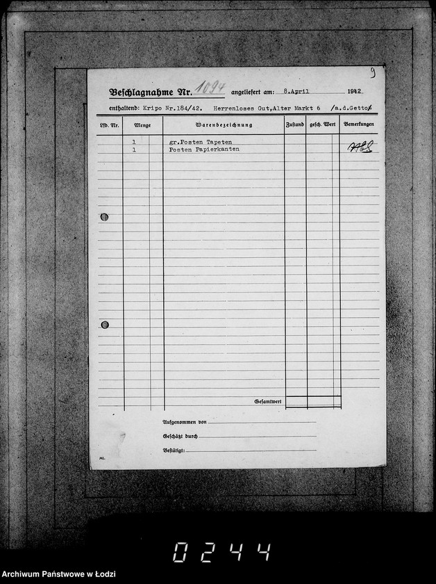 Obraz 13 z jednostki "Kripo 911-1100 [Kartoteka skonfiskowanego majątku ruchomego u Żydów]"