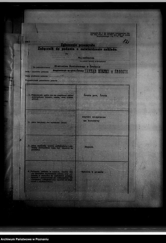 Obraz 16 z jednostki "Zatwierdzenie zakładu przemysłowego /rzeźni Miejskiej/ własność Zarządu Miejskiego w Środzie"