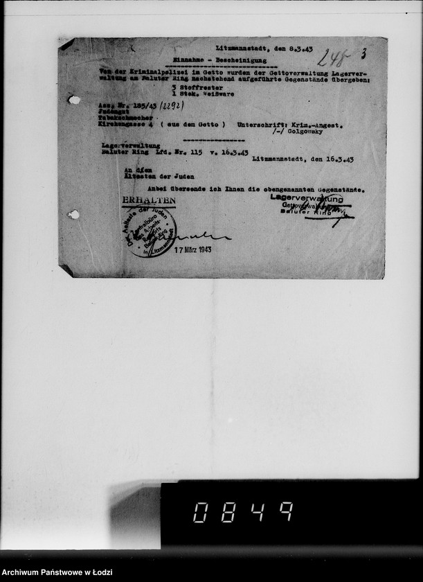 Obraz 7 z jednostki "[Konfiskata przez Kripo w Getcie ruchomego mająktu żydowskiego] Nr 1-250"