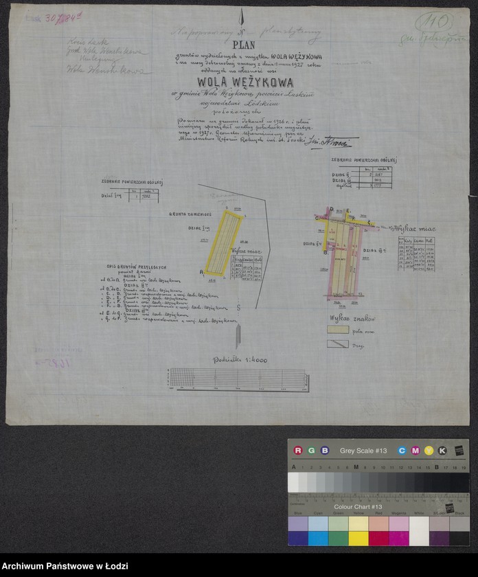 Obraz 1 z jednostki "Plan gruntów wydzielonych z majątku Wola Wężykowa i na mocy dobrowolnej umowy z dnia 12 marca 1927 roku oddanych w własność wsi Wola Wężykowa w gminie Wola Wężykowa powiecie łaskim ... położonych"