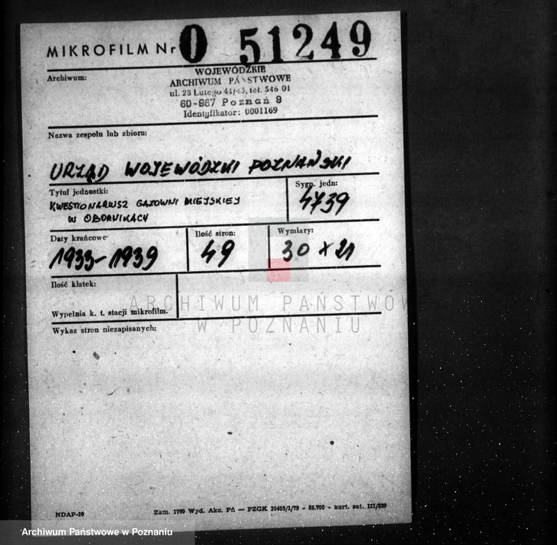 Obraz 2 z jednostki "Kwestionariusz Gazowni Miejskiej w Obornikach"