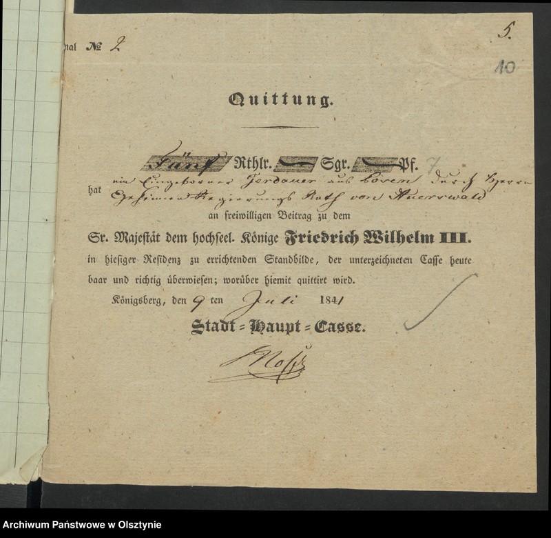 image.from.unit.number "Acta des engern Ausschußes für Errichtung eines Standbildes Sr. [Seiner] Majestät des Königes Friedrich Wilhelm des Dritten. Die Beitrags-Zeichungen der Einwohner der Stadt Koenigsberg und die auf die Stadt-Haupt-Kasse daselbst angewiesenen u. [und] extra"