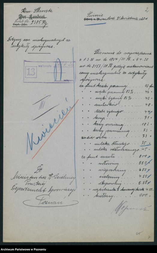 Obraz 4 z jednostki "[Wykazy cen maksymalnych Województwa Pomorskiego za miesiąc kwiecień 1920 roku]"