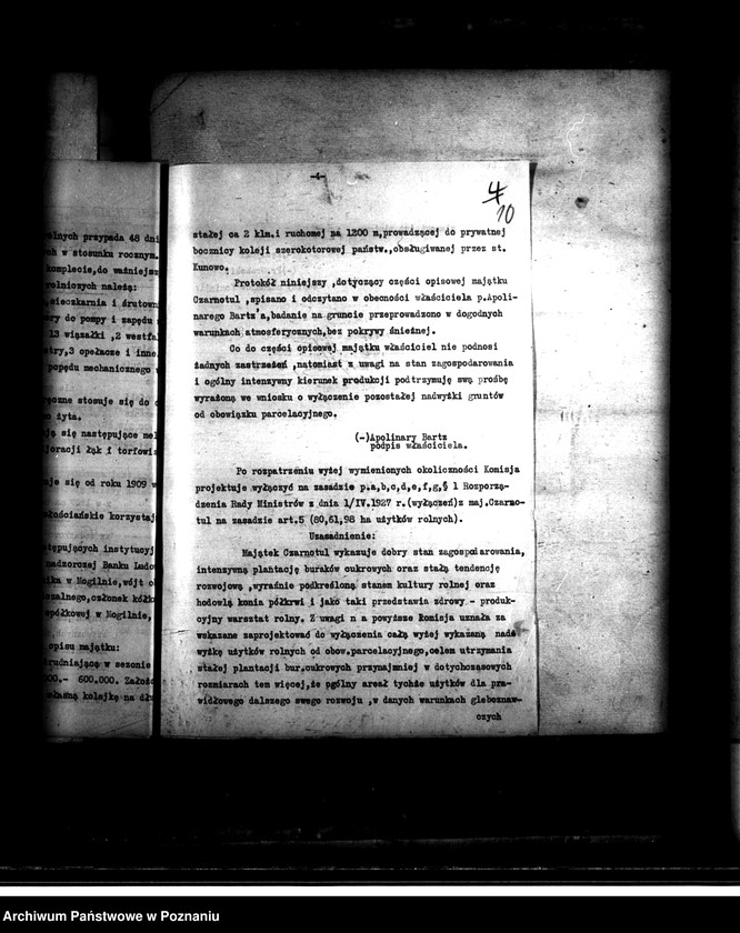 Obraz 15 z jednostki "Majątek Czarnotul powiatu mogileńskiego wyłączenie z art.. 4 i 5 ustawy o wykonaniu reformy rolnej Apolinary Bartz"